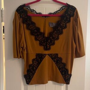 Anthropologie Mustard Blouse with Black Lace Detail